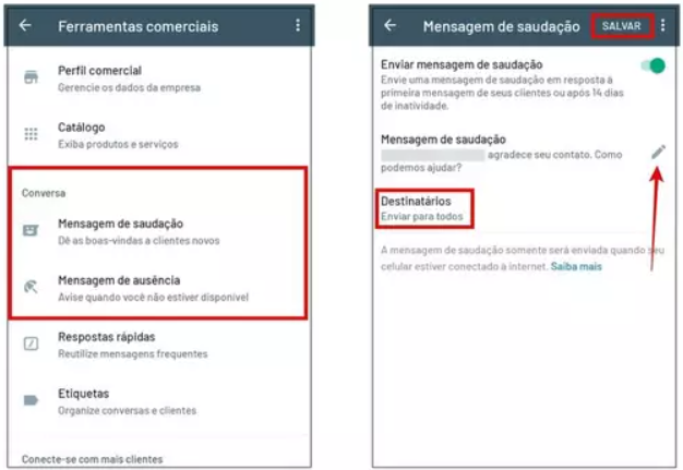 Imagem demonstrativa onde mostra a opção de mensagem de saudação e de mensagem de ausência e na próxima opção demonstra a opção destinatários