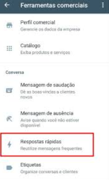 Imagem demonstrativa da opção de respostas rápidas