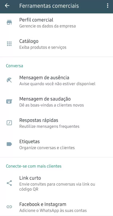 Imagem demonstrativa das Ferramentas Comerciais do WhatsApp Business